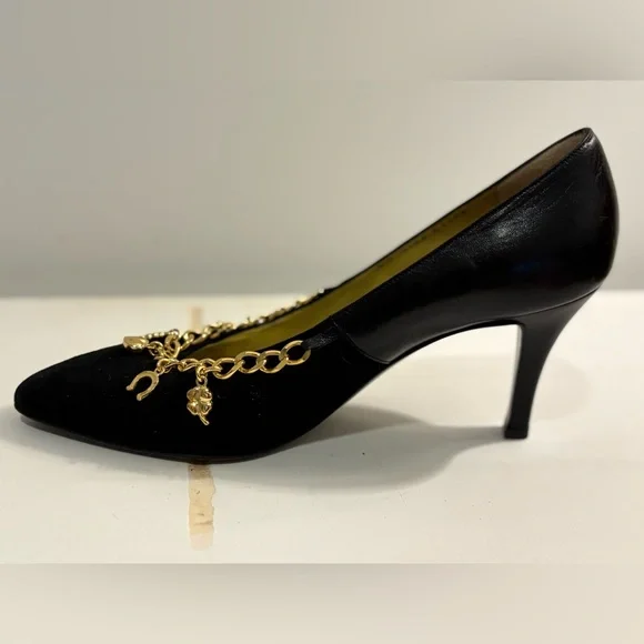 Bruno Magli Black Heels with Gold Chain Detail - Picture 4 of 6